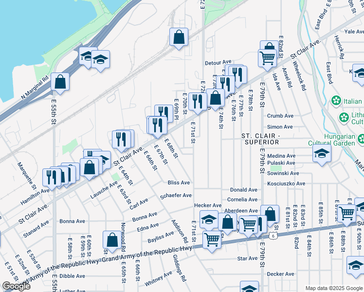 map of restaurants, bars, coffee shops, grocery stores, and more near 1047 East 70th Street in Cleveland