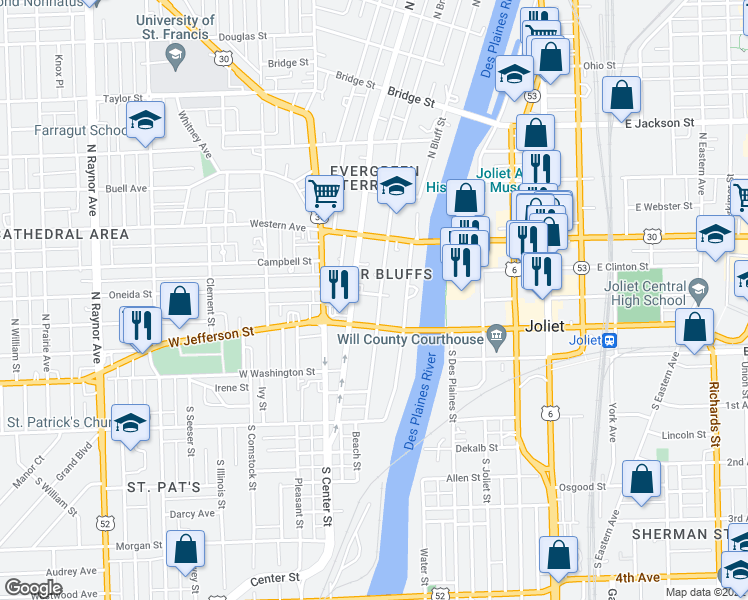 map of restaurants, bars, coffee shops, grocery stores, and more near 111 North Broadway Street in Joliet