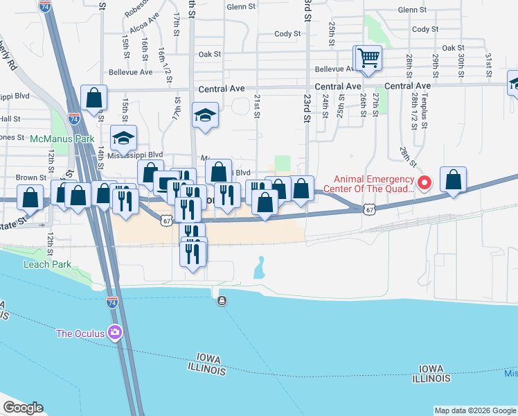 map of restaurants, bars, coffee shops, grocery stores, and more near 2121 Grant Street in Bettendorf