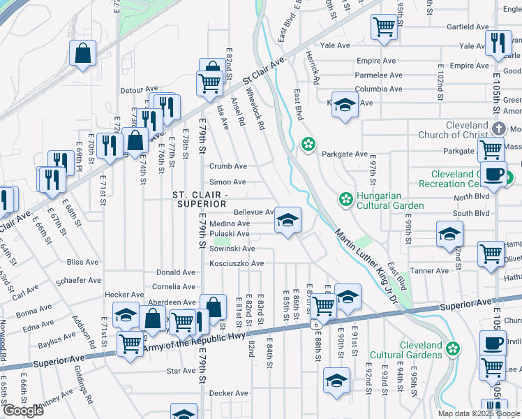 map of restaurants, bars, coffee shops, grocery stores, and more near 8223 Bellevue Ave in Cleveland