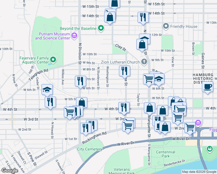 map of restaurants, bars, coffee shops, grocery stores, and more near 1460 West 6th Street in Davenport