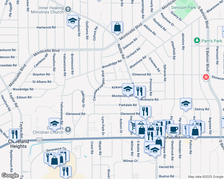 map of restaurants, bars, coffee shops, grocery stores, and more near 3820 Kirkwood Road in Cleveland Heights