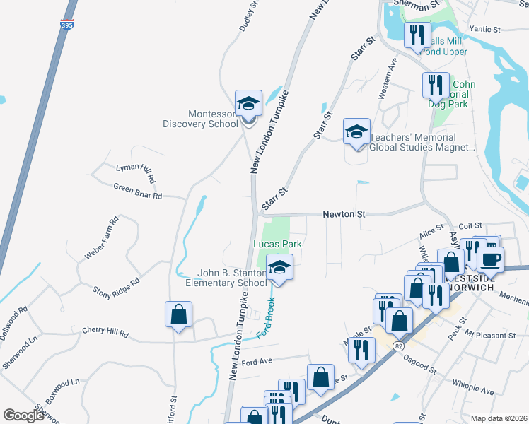 map of restaurants, bars, coffee shops, grocery stores, and more near 176 Starr Street in Norwich