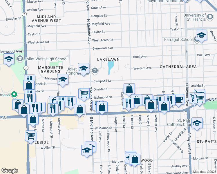 map of restaurants, bars, coffee shops, grocery stores, and more near 1221 Oneida Street in Joliet