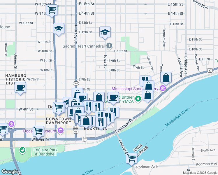 map of restaurants, bars, coffee shops, grocery stores, and more near 408 East 6th Street in Davenport