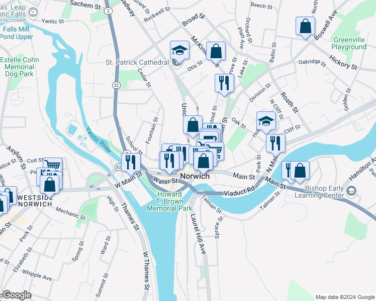 map of restaurants, bars, coffee shops, grocery stores, and more near 2 Union Street in Norwich