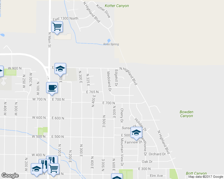 map of restaurants, bars, coffee shops, grocery stores, and more near 582 Shamrock Dr in Brigham City