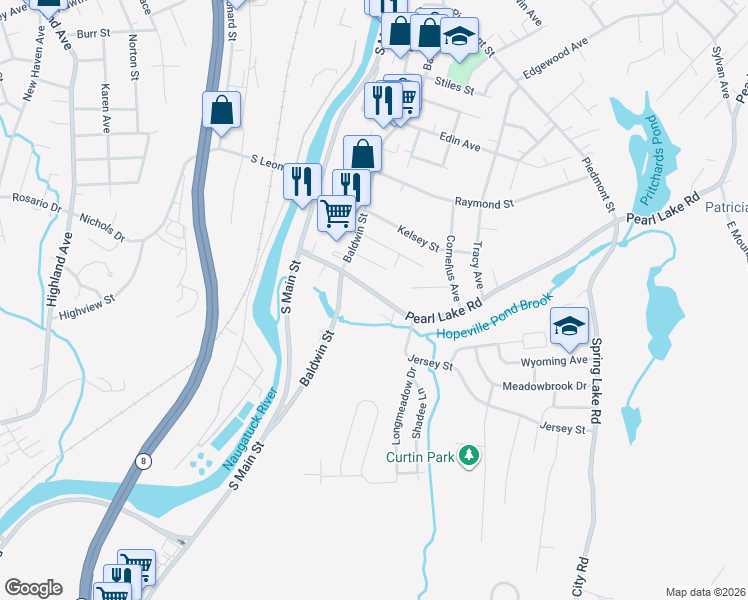 map of restaurants, bars, coffee shops, grocery stores, and more near 157 Pearl Lake Road in Waterbury