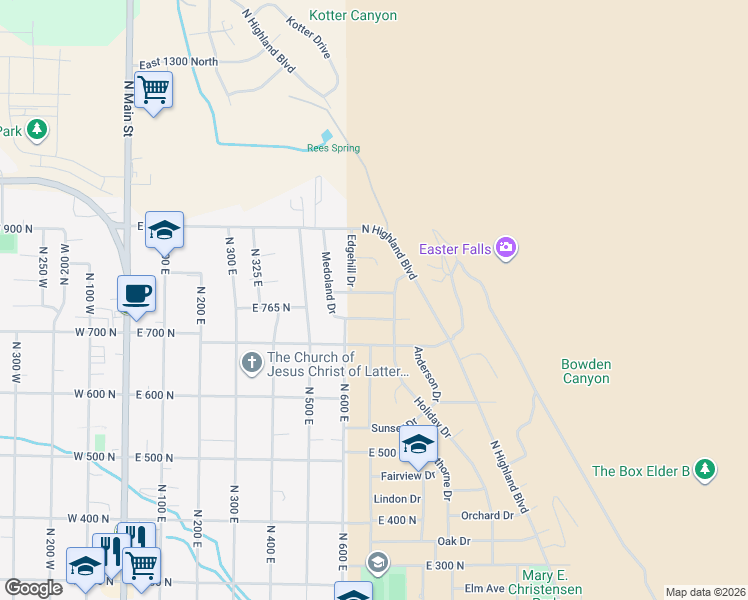 map of restaurants, bars, coffee shops, grocery stores, and more near 652 Shamrock Drive in Brigham City