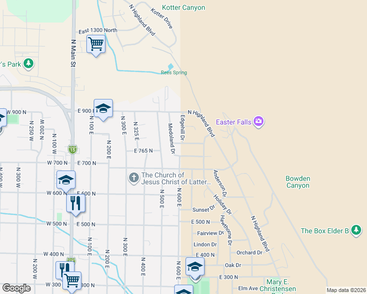 map of restaurants, bars, coffee shops, grocery stores, and more near 582 Shamrock Drive in Brigham City