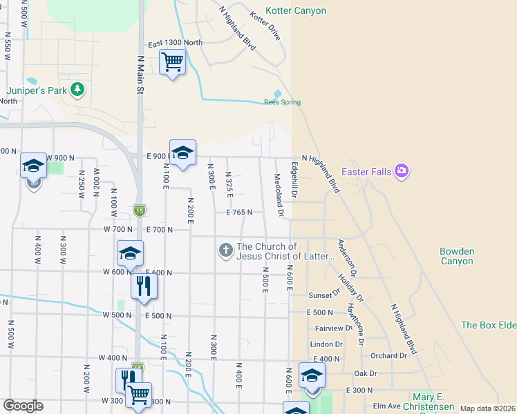 map of restaurants, bars, coffee shops, grocery stores, and more near 497 East 765 North in Brigham City