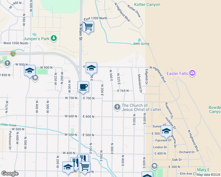 map of restaurants, bars, coffee shops, grocery stores, and more near 771 North 300 East in Brigham City