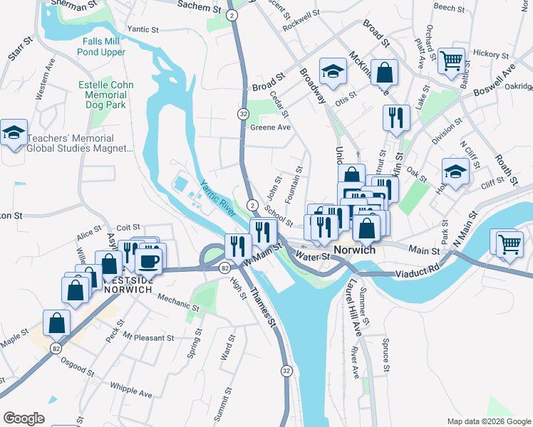 map of restaurants, bars, coffee shops, grocery stores, and more near 61 School Street in Norwich
