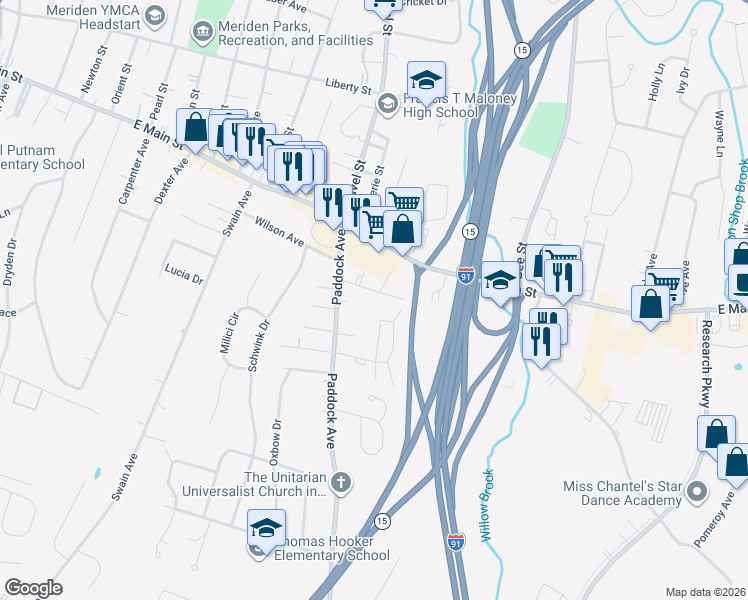 map of restaurants, bars, coffee shops, grocery stores, and more near 47 Jerome Avenue in Meriden