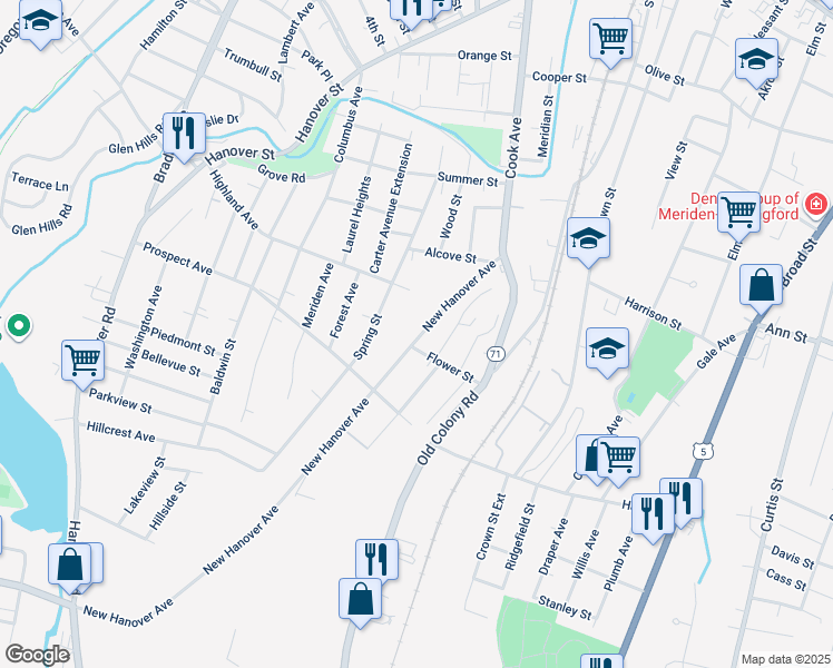 map of restaurants, bars, coffee shops, grocery stores, and more near 102 New Hanover Avenue in Meriden