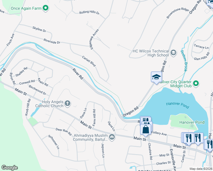 map of restaurants, bars, coffee shops, grocery stores, and more near 223 Cariati Boulevard in Meriden