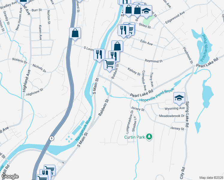 map of restaurants, bars, coffee shops, grocery stores, and more near 1997 Baldwin Street in Waterbury