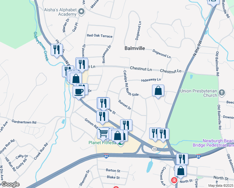 map of restaurants, bars, coffee shops, grocery stores, and more near 106 Chadwick Place in Newburgh