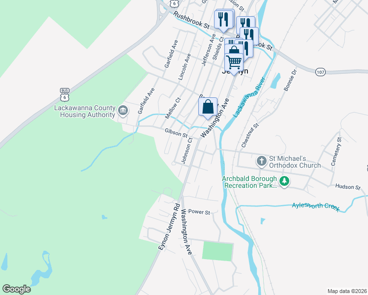 map of restaurants, bars, coffee shops, grocery stores, and more near 331 Mckinley Avenue in Jermyn