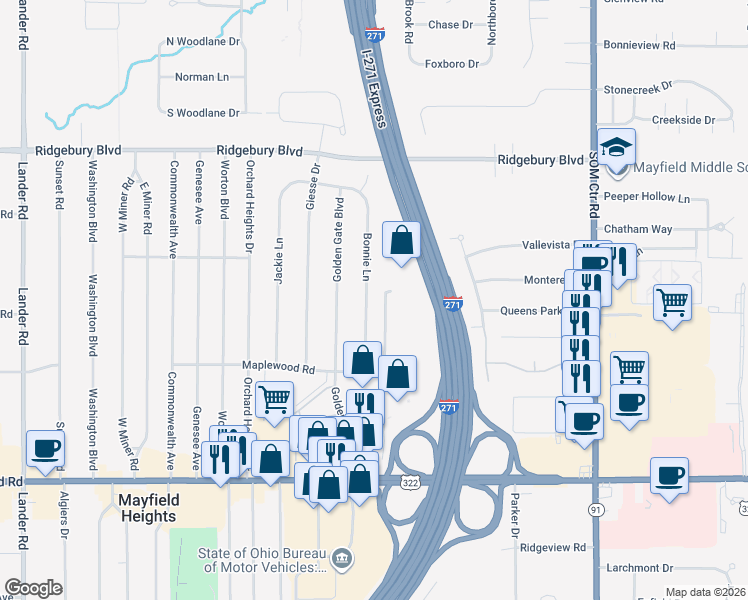 map of restaurants, bars, coffee shops, grocery stores, and more near 1271 Bonnie Lane in Mayfield Heights