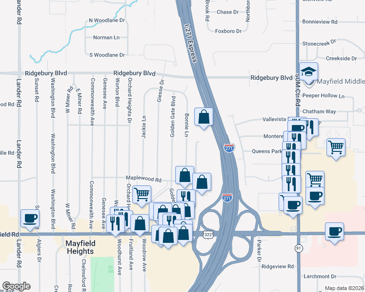 map of restaurants, bars, coffee shops, grocery stores, and more near 1271 Bonnie Lane in Mayfield Heights