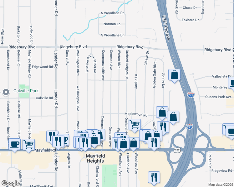 map of restaurants, bars, coffee shops, grocery stores, and more near 1267 Worton Boulevard in Mayfield Heights