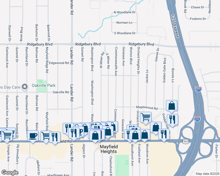 map of restaurants, bars, coffee shops, grocery stores, and more near 1265 East Miner Road in Mayfield Heights