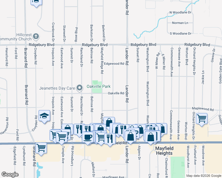 map of restaurants, bars, coffee shops, grocery stores, and more near 1265 Elmwood Road in Mayfield Heights
