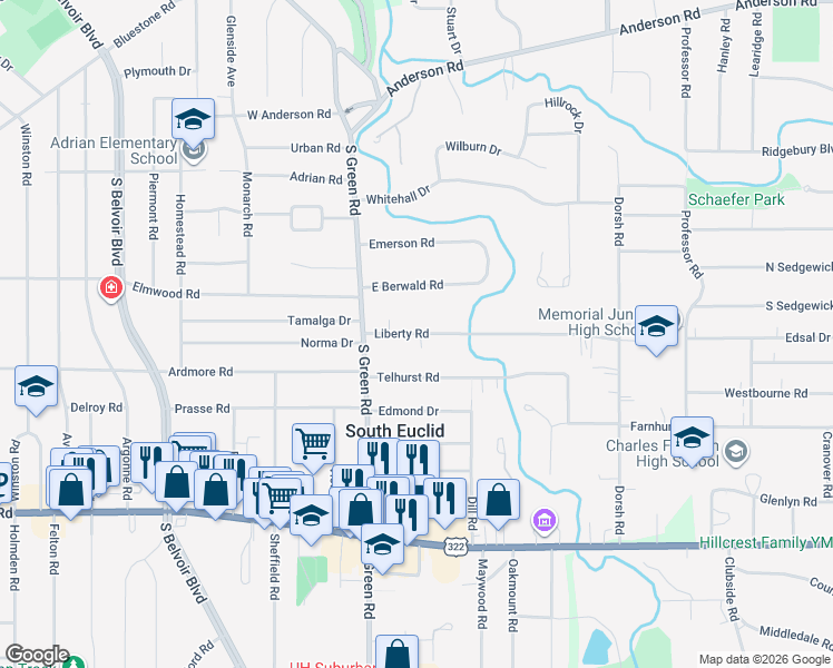 map of restaurants, bars, coffee shops, grocery stores, and more near 4515 Liberty Road in South Euclid