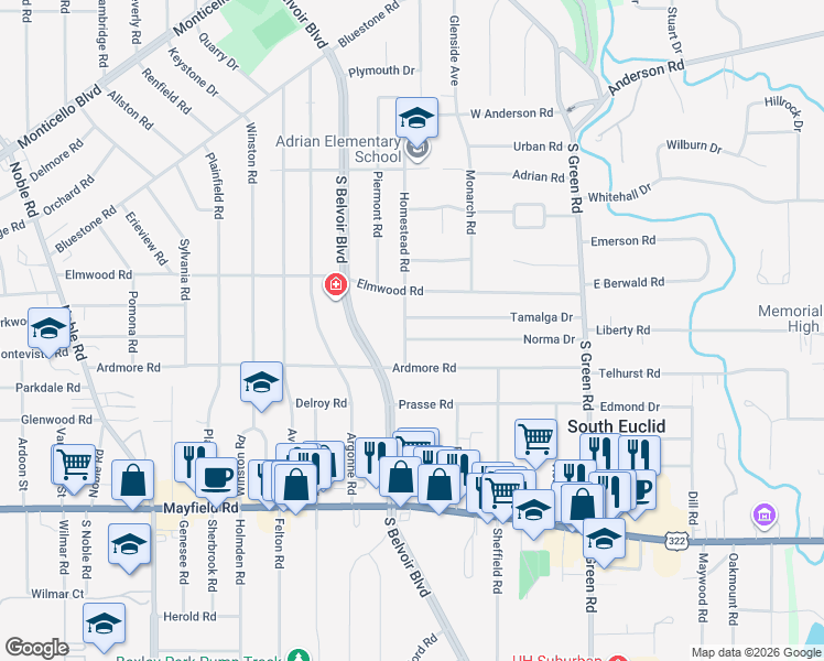 map of restaurants, bars, coffee shops, grocery stores, and more near 1247 Homestead Road in South Euclid