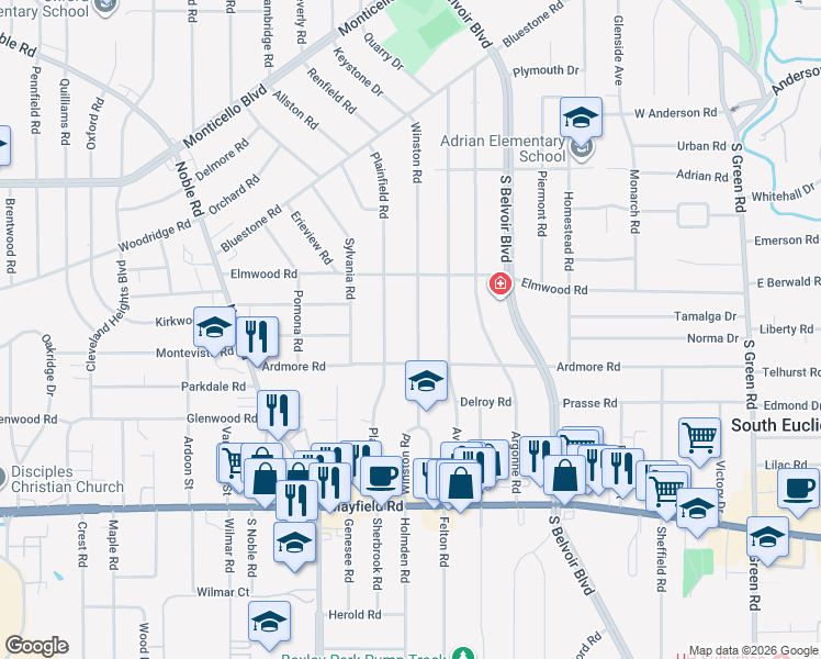 map of restaurants, bars, coffee shops, grocery stores, and more near 1247 Winston Road in South Euclid