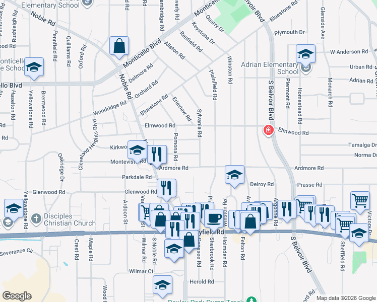 map of restaurants, bars, coffee shops, grocery stores, and more near 4025 Rosemond Road in Cleveland Heights