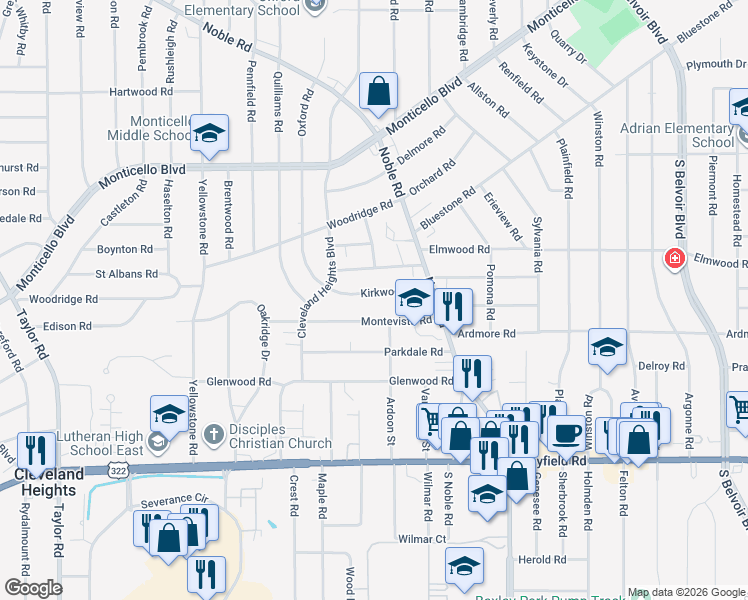 map of restaurants, bars, coffee shops, grocery stores, and more near 3820 Kirkwood Road in Cleveland Heights