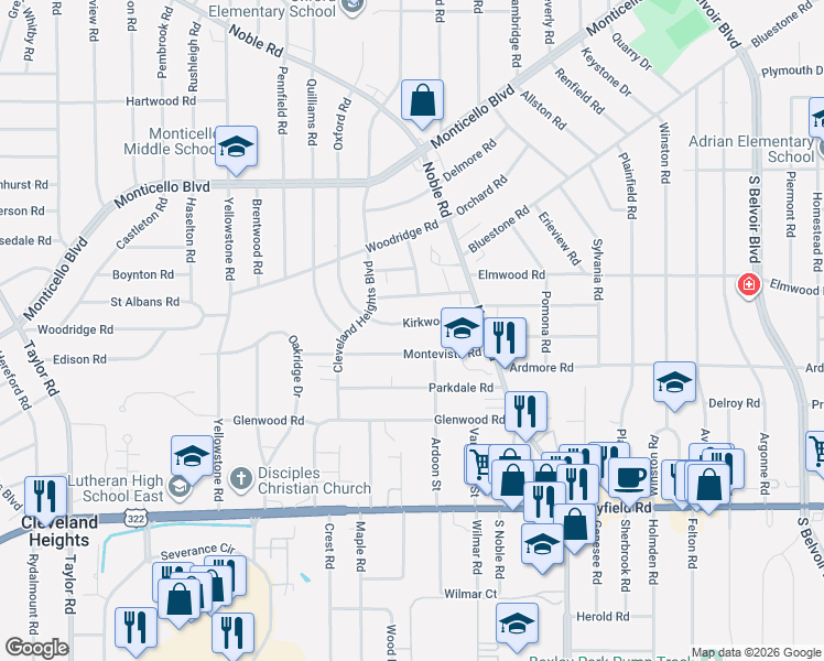 map of restaurants, bars, coffee shops, grocery stores, and more near 3820 Kirkwood Road in Cleveland Heights