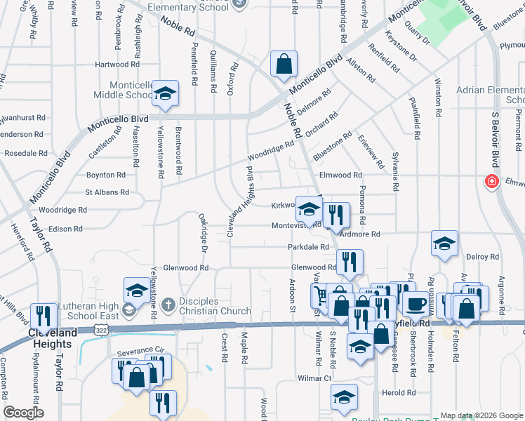 map of restaurants, bars, coffee shops, grocery stores, and more near 3820 Kirkwood Road in Cleveland Heights