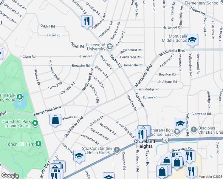 map of restaurants, bars, coffee shops, grocery stores, and more near 1158 Brandon Road in Cleveland Heights