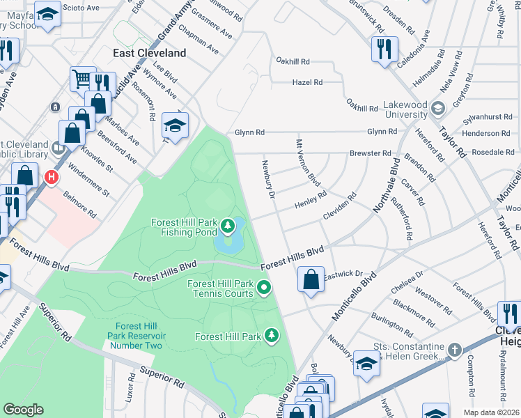 map of restaurants, bars, coffee shops, grocery stores, and more near 15585 Henley Road in East Cleveland