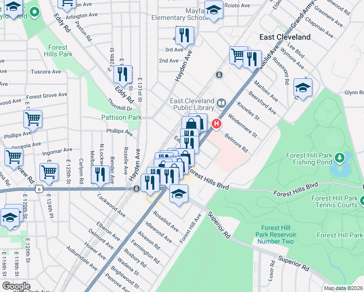 map of restaurants, bars, coffee shops, grocery stores, and more near 1775 Eddy Road in East Cleveland