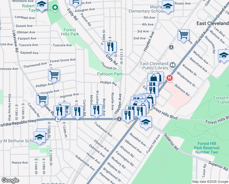 map of restaurants, bars, coffee shops, grocery stores, and more near 1960 Hayden Avenue in East Cleveland