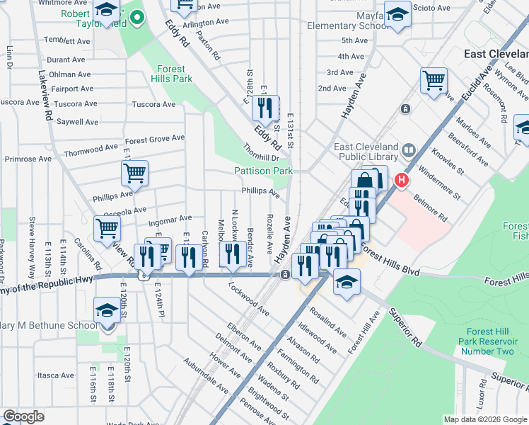 map of restaurants, bars, coffee shops, grocery stores, and more near 1195 Bender Avenue in East Cleveland
