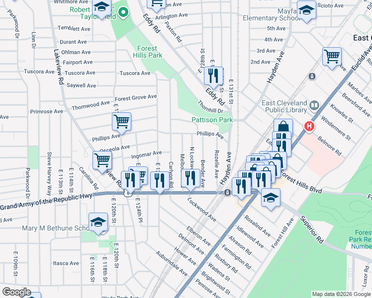 map of restaurants, bars, coffee shops, grocery stores, and more near 1194 North Lockwood Avenue in East Cleveland