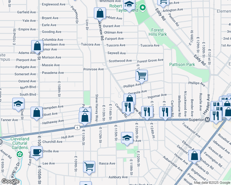 map of restaurants, bars, coffee shops, grocery stores, and more near 1155 Artwood Drive in Cleveland
