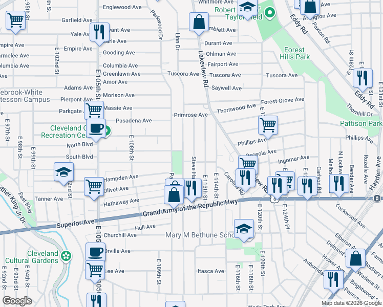 map of restaurants, bars, coffee shops, grocery stores, and more near 1168 Steve Harvey Way in Cleveland