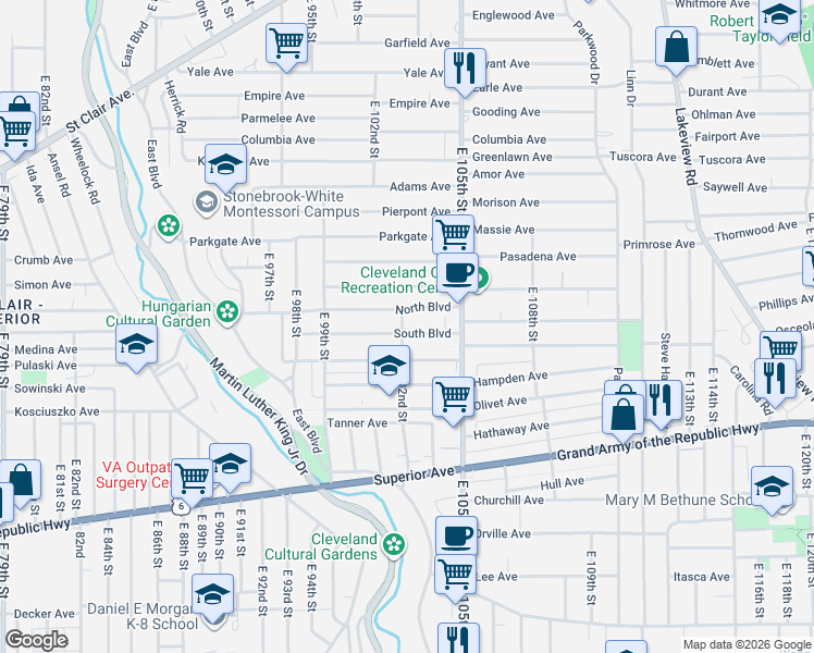 map of restaurants, bars, coffee shops, grocery stores, and more near 10127 South Boulevard in Cleveland