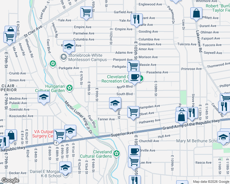 map of restaurants, bars, coffee shops, grocery stores, and more near 10127 South Boulevard in Cleveland