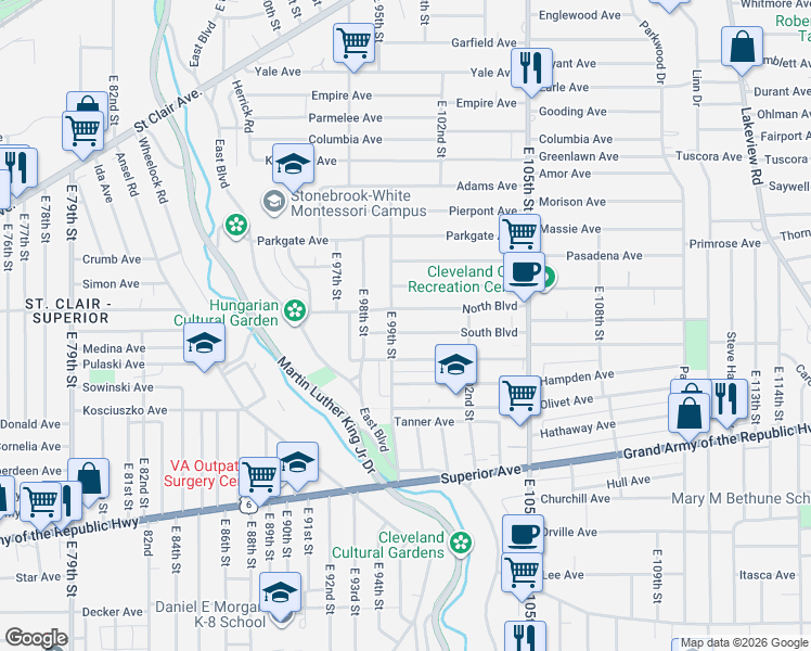 map of restaurants, bars, coffee shops, grocery stores, and more near 9819 South Boulevard in Cleveland
