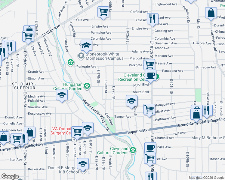 map of restaurants, bars, coffee shops, grocery stores, and more near 9819 South Boulevard in Cleveland