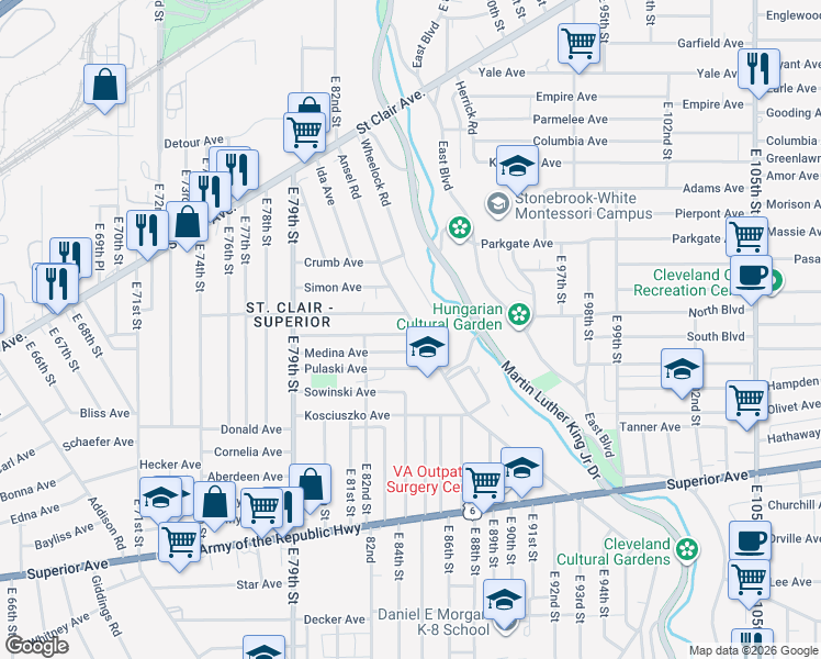map of restaurants, bars, coffee shops, grocery stores, and more near 1041 Ansel Road in Cleveland