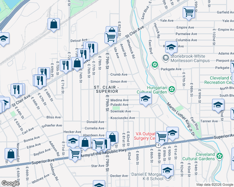 map of restaurants, bars, coffee shops, grocery stores, and more near in Cleveland