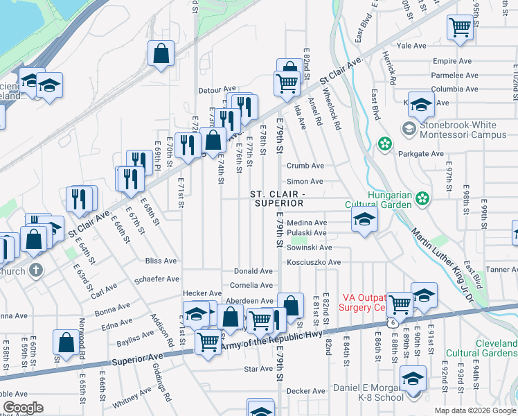 map of restaurants, bars, coffee shops, grocery stores, and more near 1063 East 78th Street in Cleveland